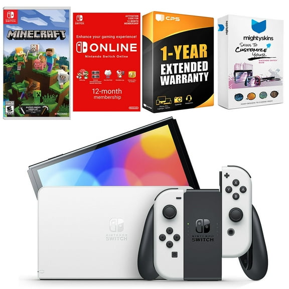 Nintendo Switch White OLED Console with Minecraft: Switch Edition, NSO 12 Month Family Membership, MightySkins Console and Controller Skin Voucher, and 1 Year CPS Extended Warranty
