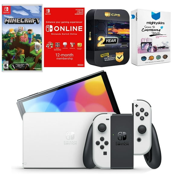 Nintendo Switch White OLED Console with Minecraft: Switch Edition, NSO 12 Month Family Membership, MightySkins Console and Controller Skin Voucher, and 2 Year CPS Extended Warranty