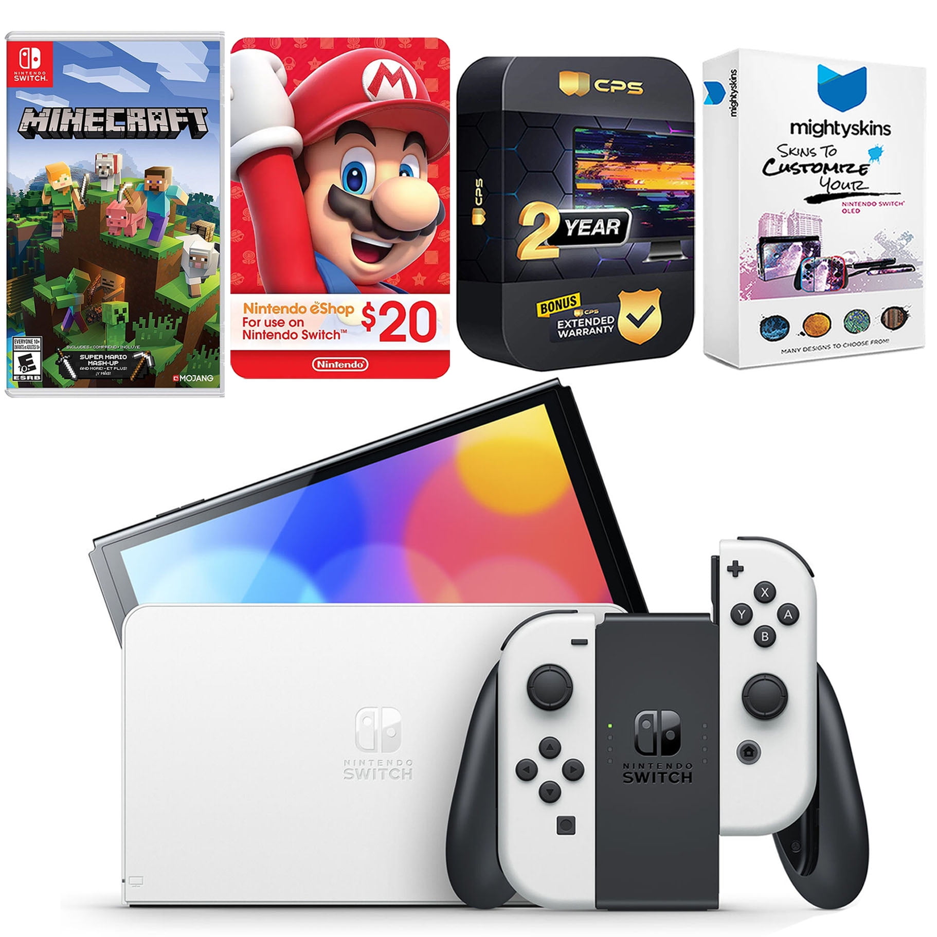 Nintendo Switch White OLED Console with Minecraft: Switch Edition, Nintendo $20 eShop Gift Card, MightySkins Console and Controller Skin Voucher, and 2 Year CPS Extended Warranty