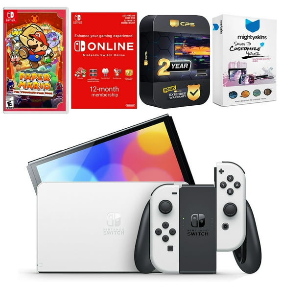Nintendo Switch White OLED Console with Paper Mario: the Thousand Year Door, NSO 12 Month Family Membership, MightySkins Console and Controller Skin Voucher, and 2 Year CPS Extended Warranty
