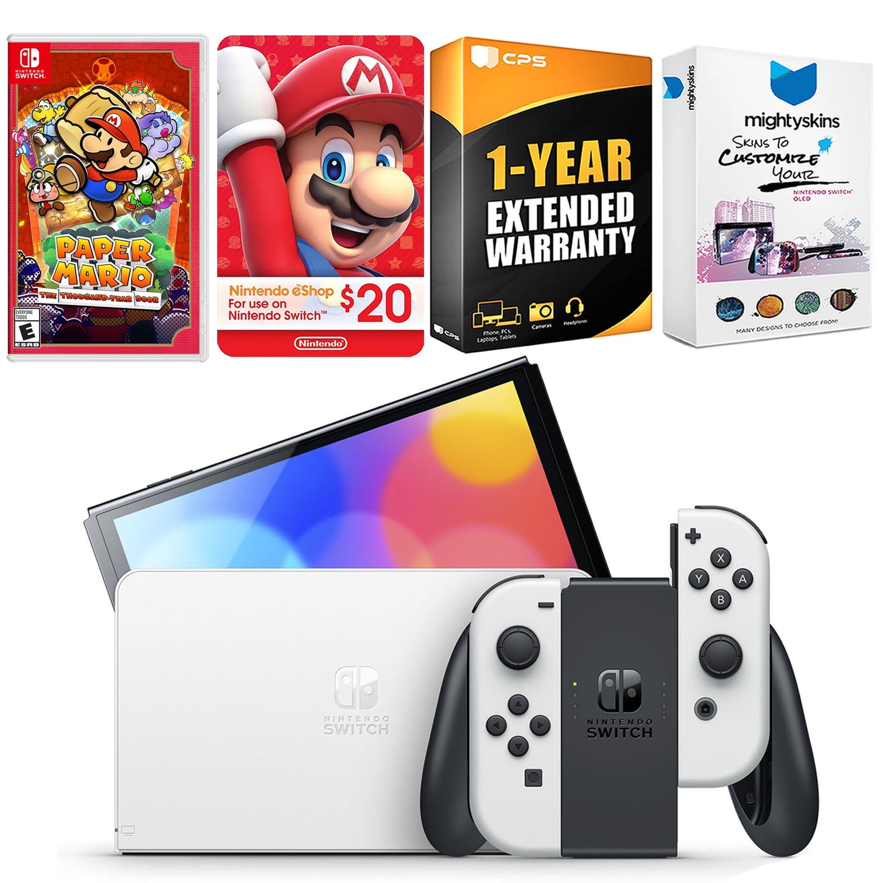Nintendo Switch White OLED Console with Paper Mario: the Thousand Year Door, Nintendo $20 eShop Gift Card, MightySkins Console and Controller Skin Voucher, and 1 Year CPS Extended Warranty