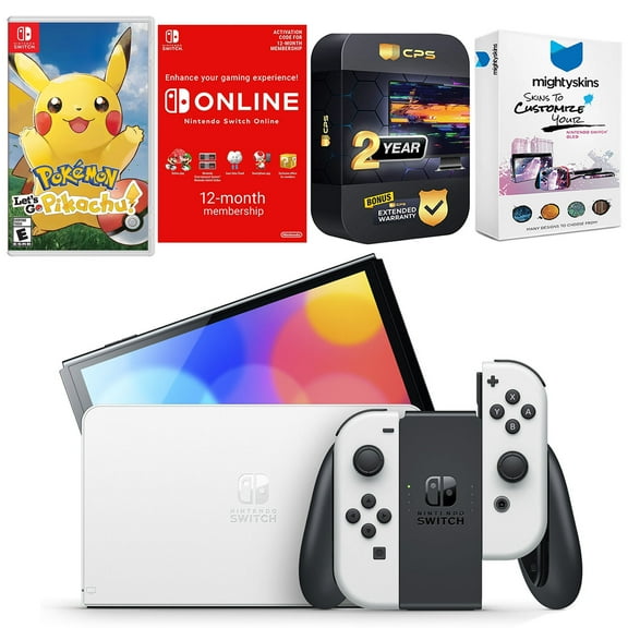 Nintendo Switch White OLED Console with Pokemon Let's Go, Pikachu!, NSO 12 Month Family Membership, MightySkins Console and Controller Skin Voucher, and 2 Year CPS Extended Warranty