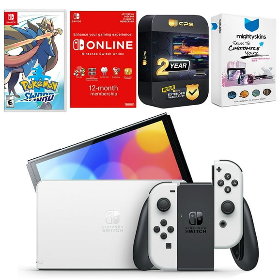 Nintendo Switch White OLED Console with Pokemon Sword, NSO 12 Month Family Membership, MightySkins Console and Controller Skin Voucher, and 2 Year CPS Extended Warranty