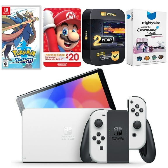 Nintendo Switch White OLED Console with Pokemon Sword, Nintendo $20 eShop Gift Card, MightySkins Console and Controller Skin Voucher, and 2 Year CPS Extended Warranty