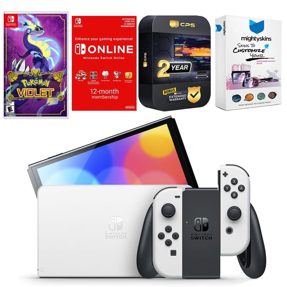 Nintendo Switch White OLED Console with Pokemon Violet, NSO 12 Month Family Membership, MightySkins Console and Controller Skin Voucher, and 2 Year CPS Extended Warranty