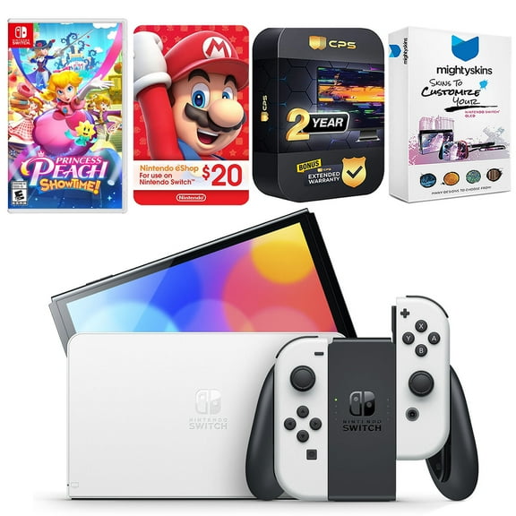 Nintendo Switch White OLED Console with Princess Peach: Showtime!, Nintendo $20 eShop Gift Card, MightySkins Console and Controller Skin Voucher, and 2 Year CPS Extended Warranty