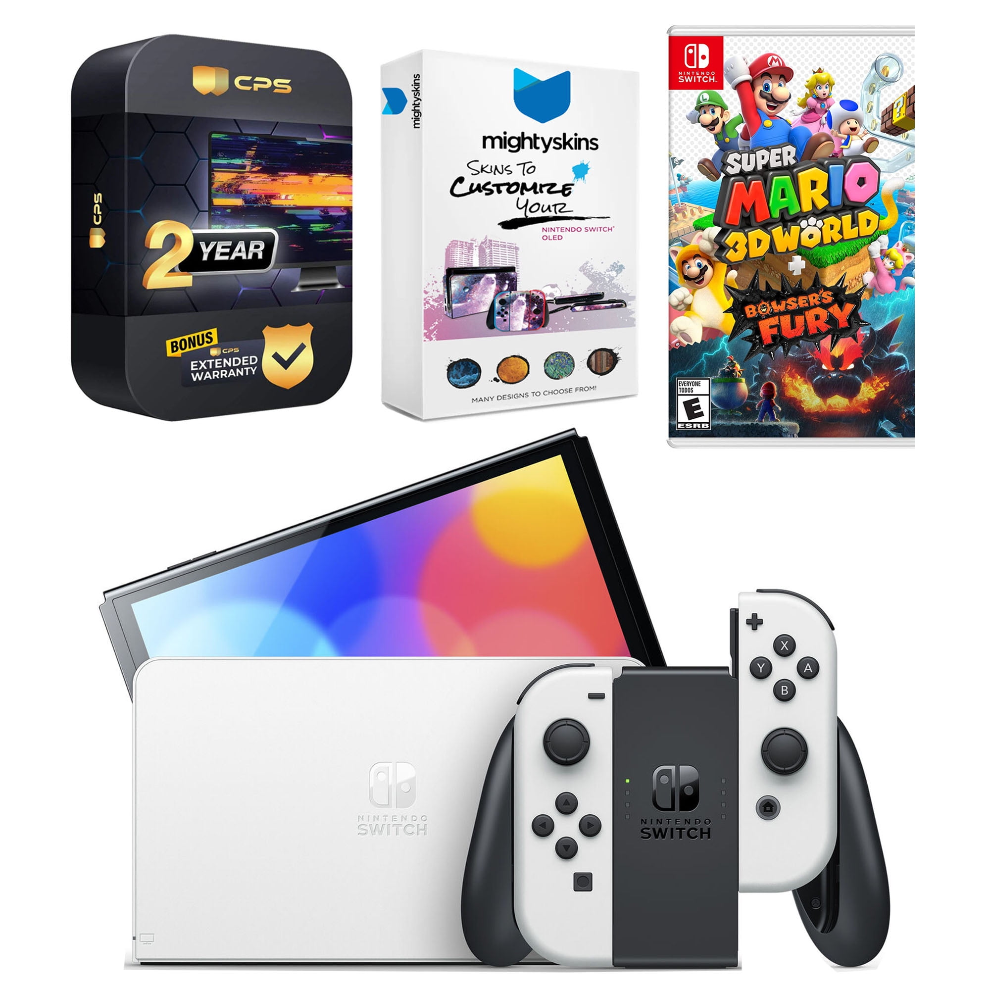 Nintendo Switch White OLED Console with Super Mario 3D World + Bowser’s Fury, MightySkins Console and Controller Skin Voucher, and 2 Year CPS Extended Warranty