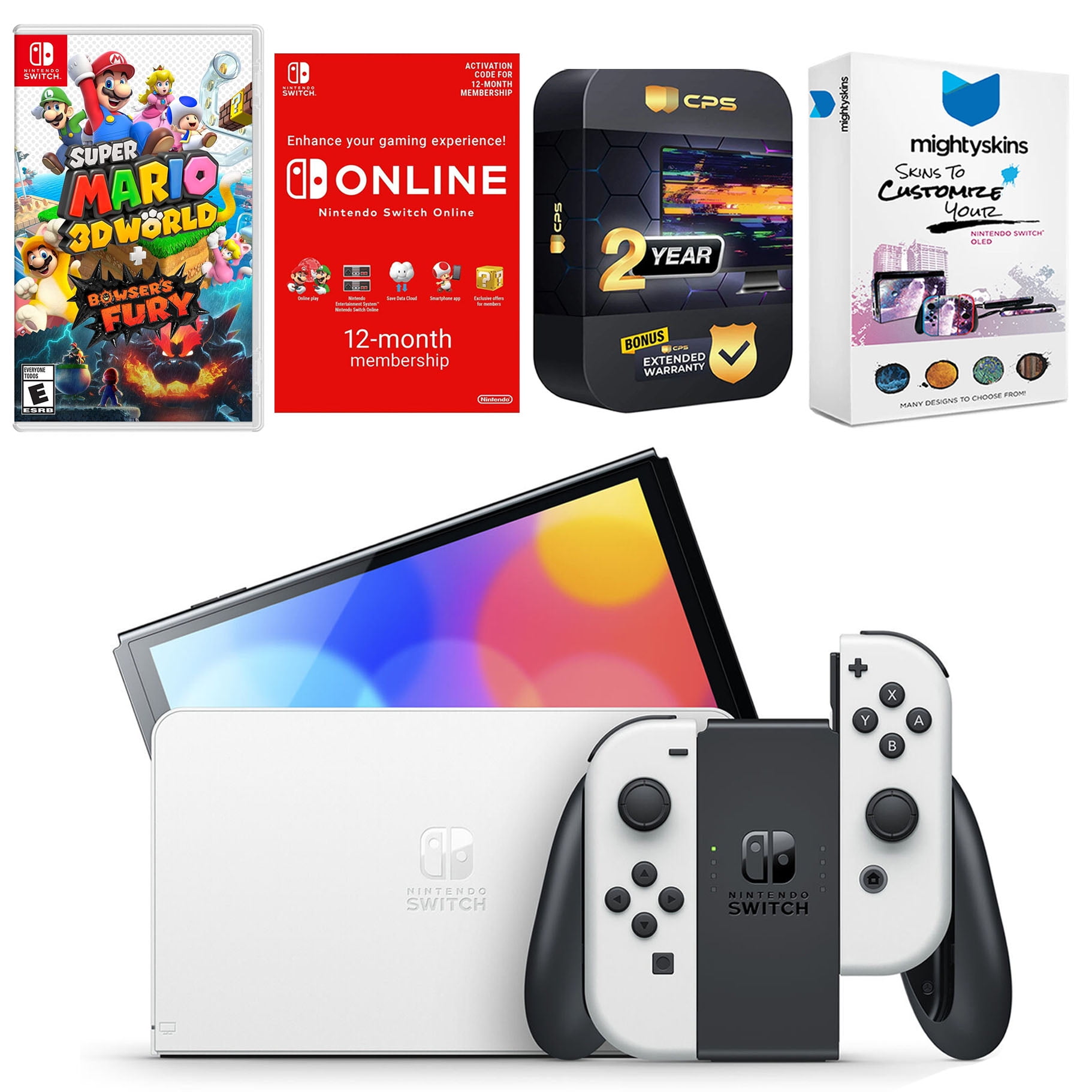 Nintendo Switch White OLED Console with Super Mario 3D World + Bowser’s Fury , NSO 12 Month Family Membership, MightySkins Console and Controller Skin Voucher, and 2 Year CPS Extended Warranty