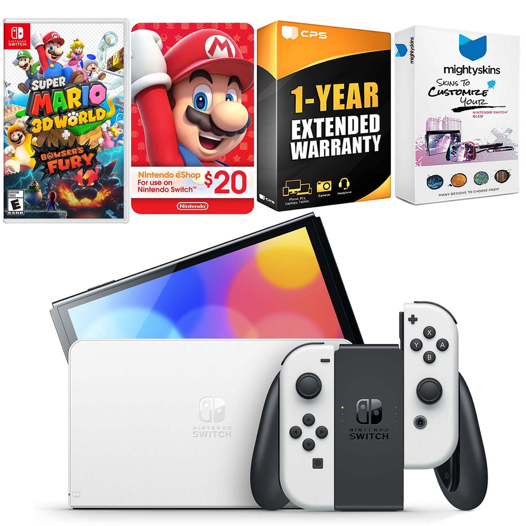 Nintendo Switch White OLED Console with Super Mario 3D World + Bowser’s Fury , Nintendo $20 eShop Gift Card, MightySkins Console and Controller Skin Voucher, and 1 Year CPS Extended Warranty