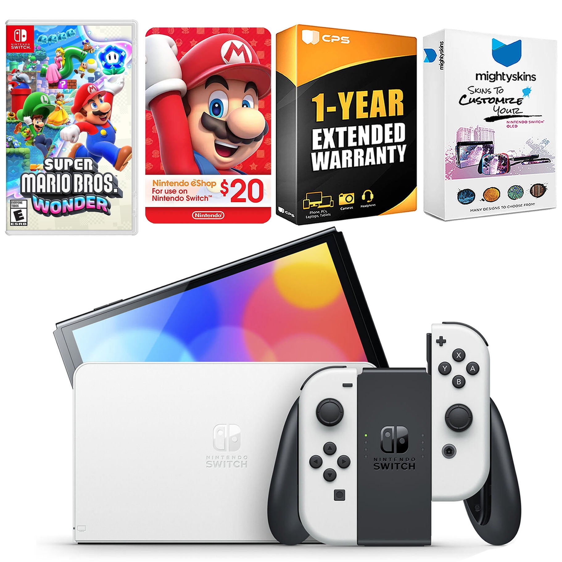 Nintendo Switch White OLED Console with Super Mario Bros. Wonder, Nintendo $20 eShop Gift Card, MightySkins Console and Controller Skin Voucher, and 1 Year CPS Extended Warranty