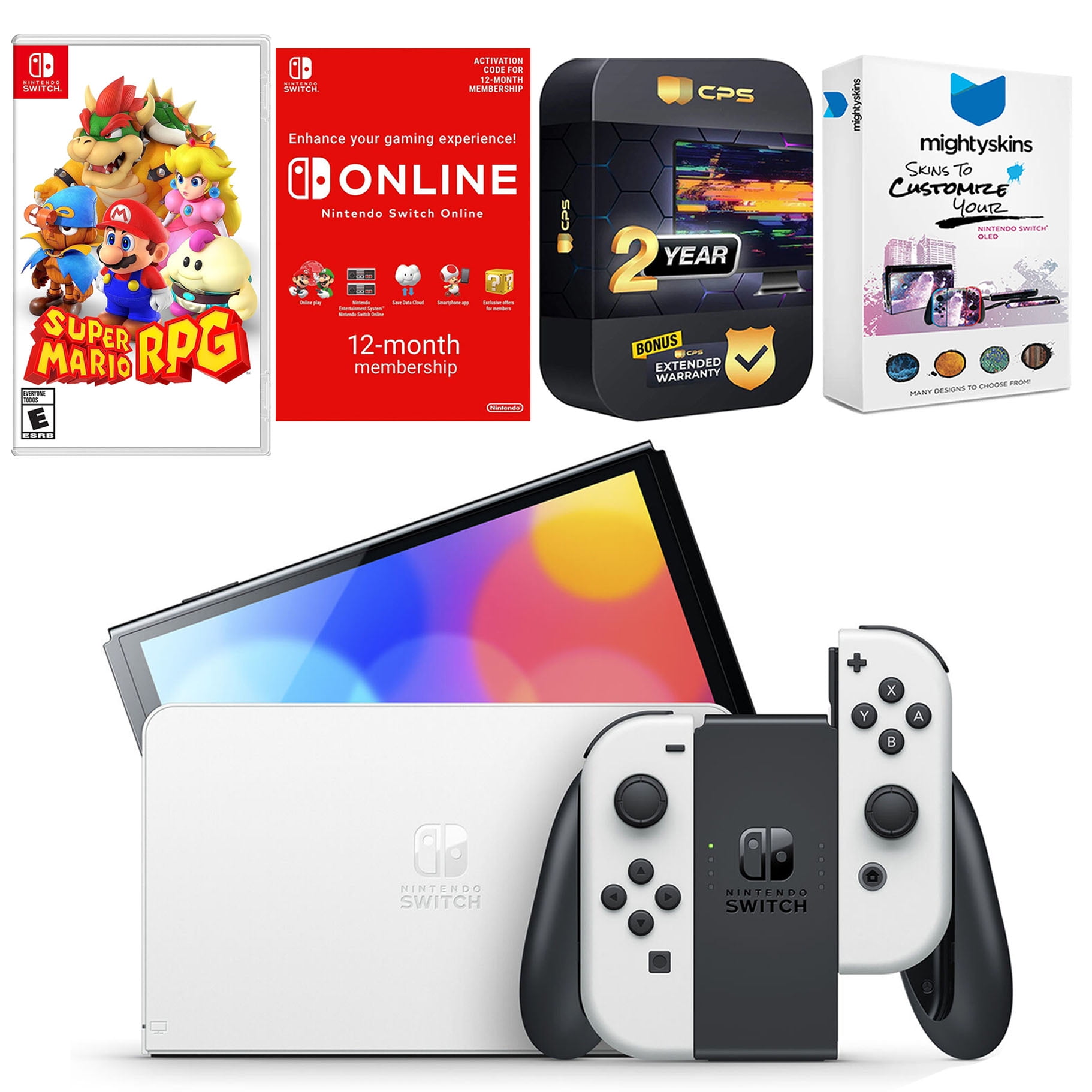 Nintendo Switch White OLED Console with Super Mario RPG , NSO 12 Month Family Membership, MightySkins Console and Controller Skin Voucher, and 2 Year CPS Extended Warranty