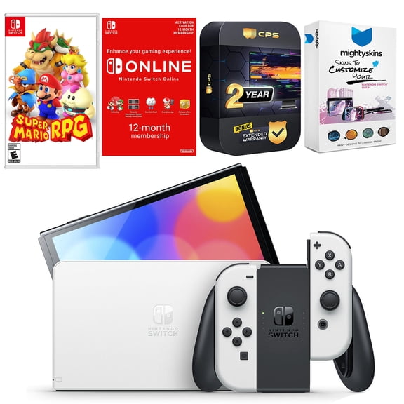 Nintendo Switch White OLED Console with Super Mario RPG , NSO 12 Month Family Membership, MightySkins Console and Controller Skin Voucher, and 2 Year CPS Extended Warranty