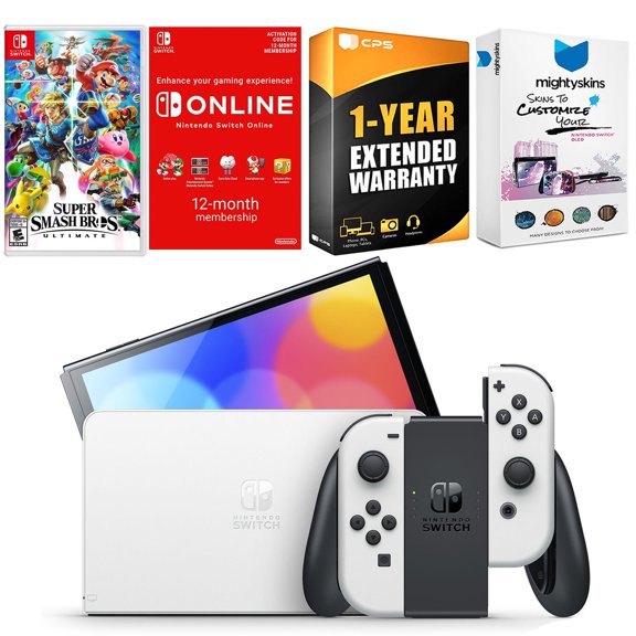 Nintendo Switch White OLED Console with Super Smash Bros: Ultimate, NSO 12 Month Family Membership, MightySkins Console and Controller Skin Voucher, and 1 Year CPS Extended Warranty