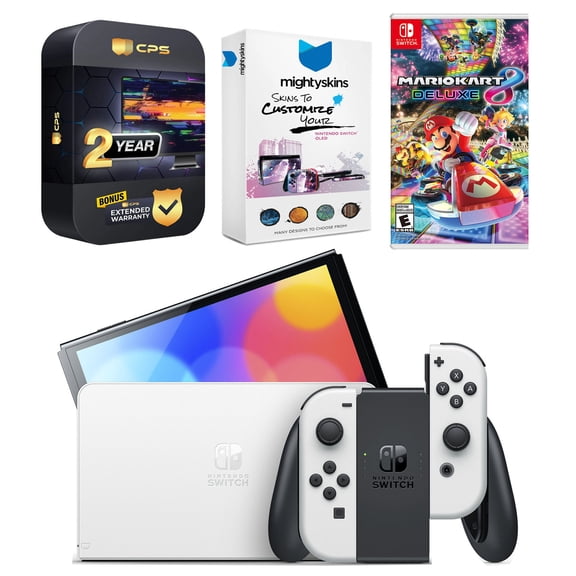 Nintendo Switch White OLED Console with Mario Kart 8 Deluxe, MightySkins Console and Controller Skin Voucher, and 2 Year CPS Extended Warranty