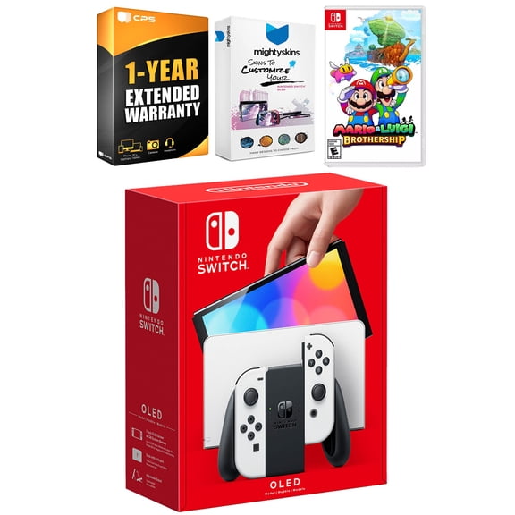 Nintendo Switch White OLED Console with Mario & Luigi: Brothership, MightySkins Console and Controller Skin Voucher, and 1 Year CPS Extended Warranty