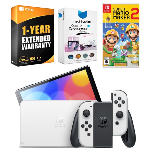 Nintendo Switch White OLED Console with Mario Maker 2, MightySkins Console and Controller Skin Voucher, and 1 Year CPS Extended Warranty