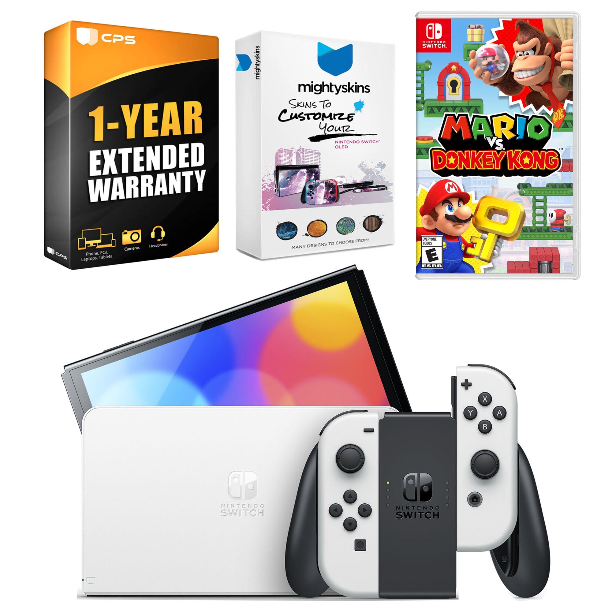 Nintendo Switch White OLED Console with Mario vs. Donkey Kong, MightySkins Console and Controller Skin Voucher, and 1 Year CPS Extended Warranty