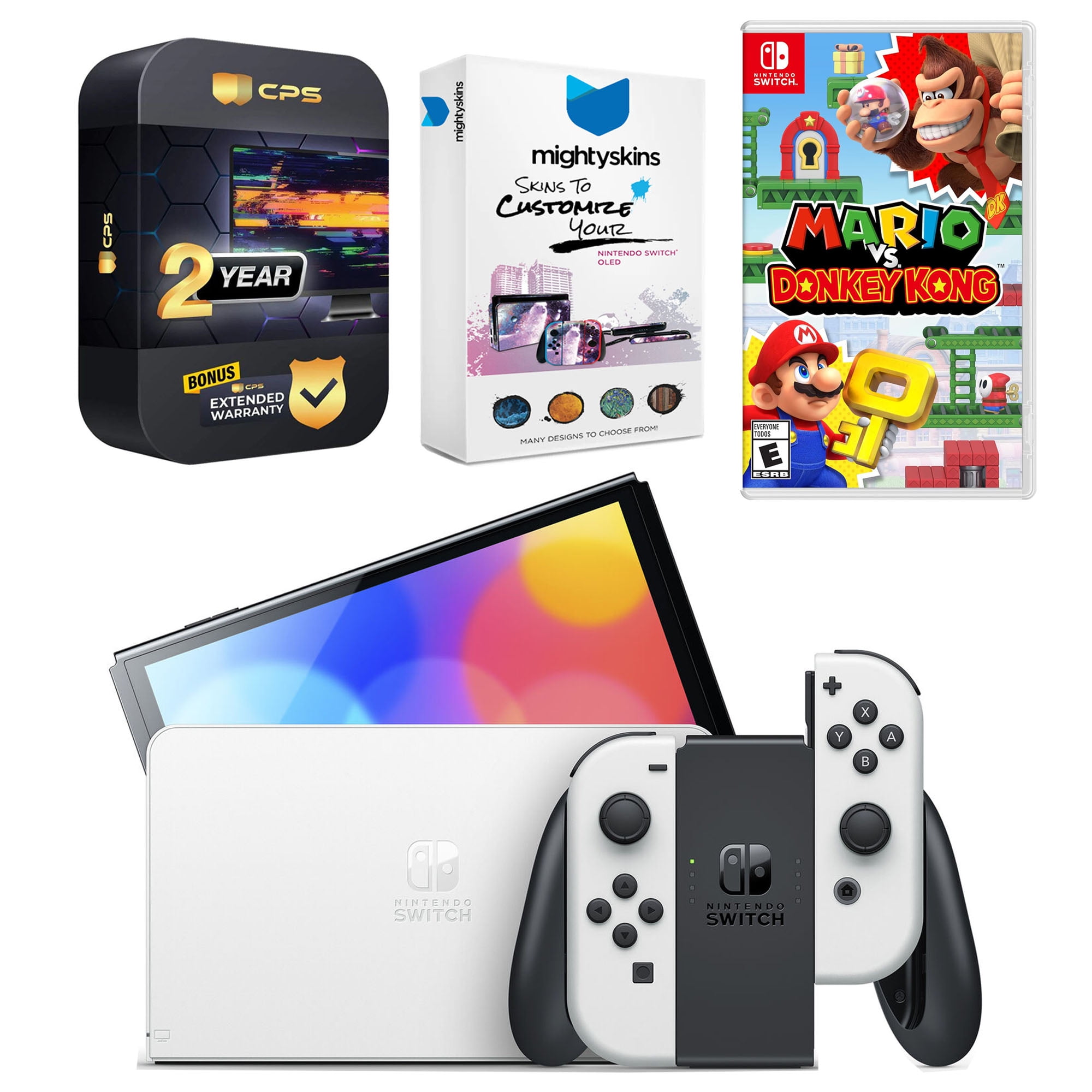 Nintendo Switch White OLED Console with Mario vs. Donkey Kong, MightySkins Console and Controller Skin Voucher, and 2 Year CPS Extended Warranty
