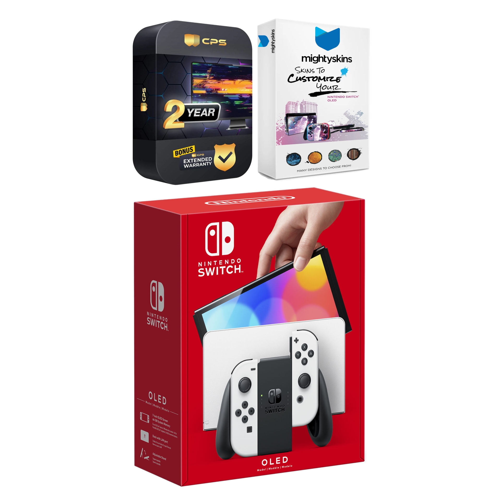 Nintendo Switch White OLED Console with MightySkins Console and Controller Skin Voucher and 2 Year CPS Extended Warranty