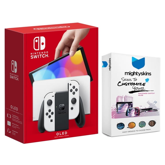 Nintendo Switch White OLED Console with MightySkins Console and Controller Skin Voucher