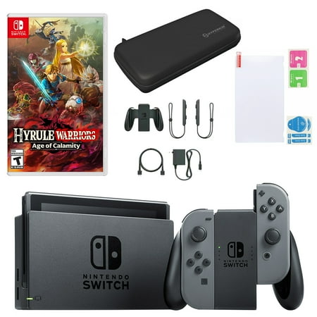 Nintendo Switch in Gray with Hyrule Warriors: Age of Calamity and Accessories