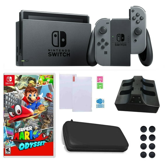 Nintendo Switch in Gray with Mario Odyssey Game and Accessories Bundle