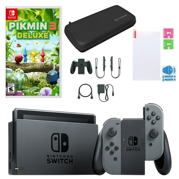 Nintendo Switch in Gray with Pikmin 3 Deluxe and Accessories