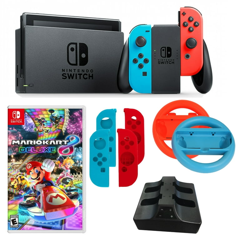Nintendo switch in neon with mario kart game and accessories deals