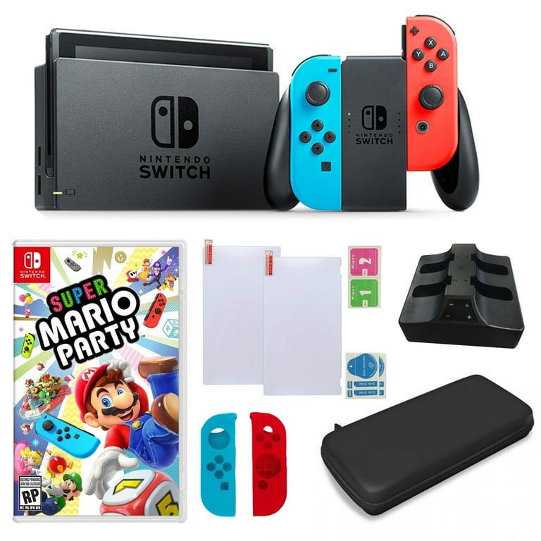 Nintendo Switch in Neon with Mario Party Game and Accessories