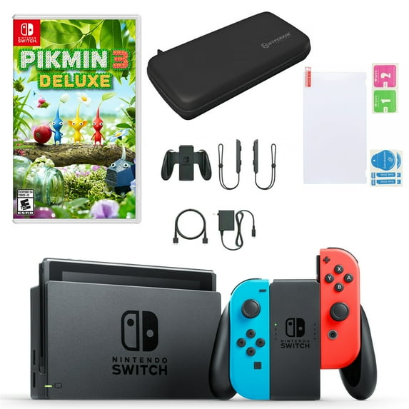 Nintendo Switch in Neon with Pikmin 3 Deluxe and Accessories