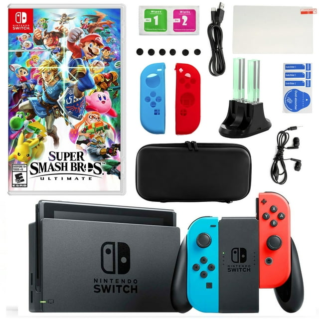 Nintendo Switch in Neon with Super Smash Bros and Accessories Kit