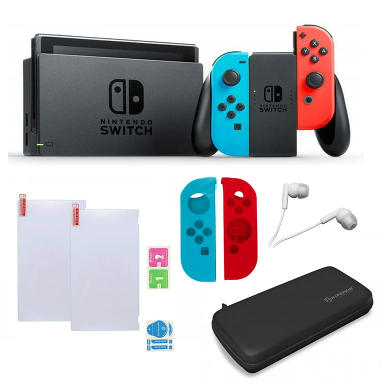 Nintendo Switch in Red and Blue with Sleeves and Accessories