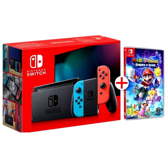 Nintendo Switch with Neon Blue and Neon Red Joy Con with Mario + Rabbids: Sparks of Hope (Physical Game) - Limited Bundle (Region Free Edition)