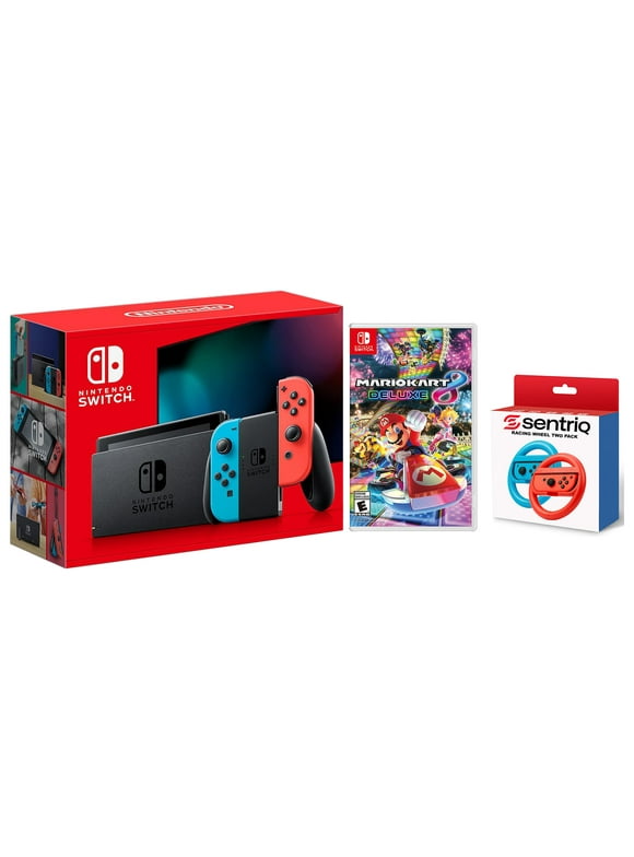 Nintendo Switch with Neon Red/Blue Joy‑Cons + Mario Kart 8 Deluxe + Sentriq Racing Wheel Two Pack Joy Con Attachments - Japan Import with US Plug