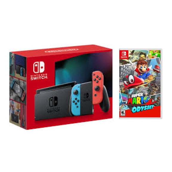 Nintendo Switch with Neon Red and Neon Blue Joy-Cons (International Edition) Bundle with Super Mario Odyssey