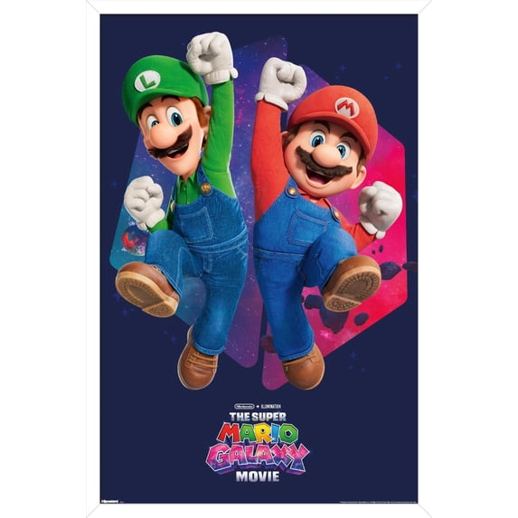 Nintendo The Super Mario Galaxy Movie (2026) - Mario & Luigi Jump Wall Poster, 14.725" x 22.375" Framed
