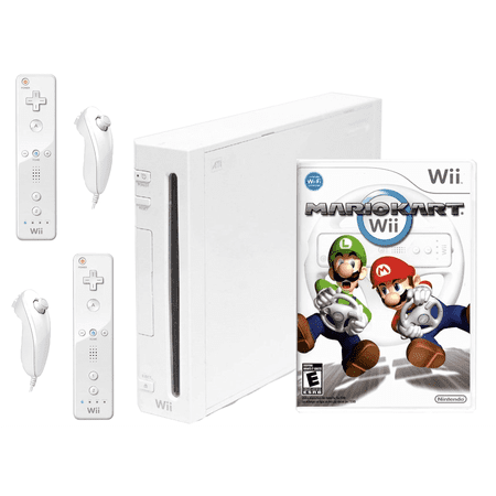 Nintendo Wii Console White with 2 Sets of Controllers & Mario Kart Bundle System Used