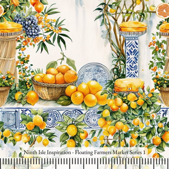 Ninth Isle Inspiration - Floating Farmers Market Series - 100% Rayon Fabric By The Yard (Series1, HalfYard)