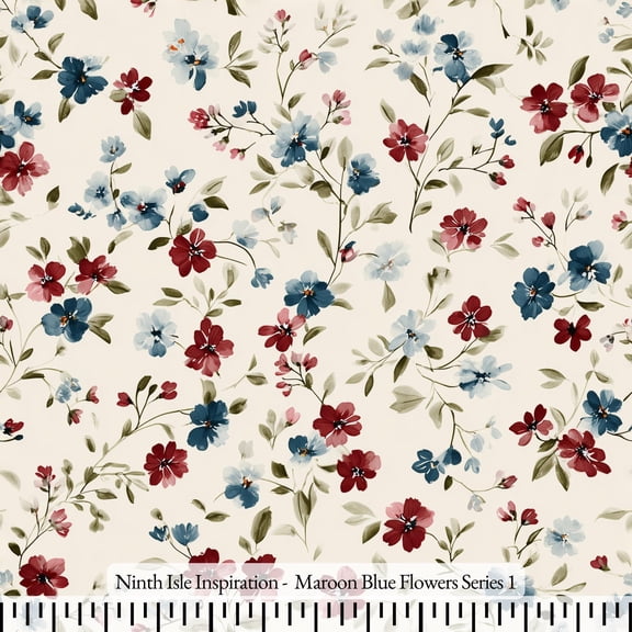 Ninth Isle Inspiration - Maroon Blue Flowers Series - 100% Rayon Fabric By The Yard (Series1, Swatch(11"x11"))
