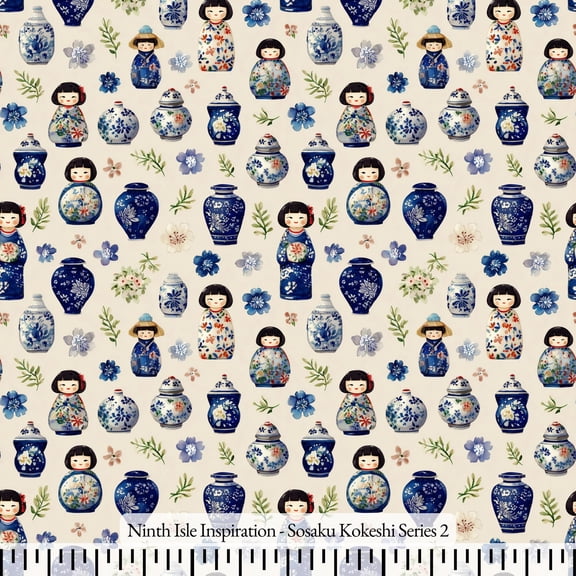 Ninth Isle Inspiration - Sosaku Kokeshi Series - 100% Rayon Fabric By The Yard (Series2, HalfYard)