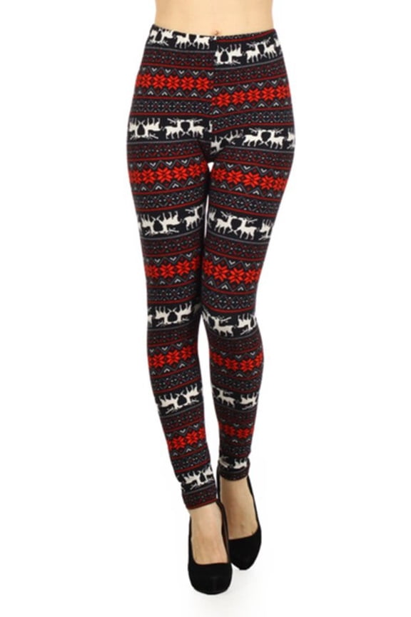 Womens Black Red Reindeer Snowflake Pattern Ultra Soft Leggings (Reg&Plus Size)