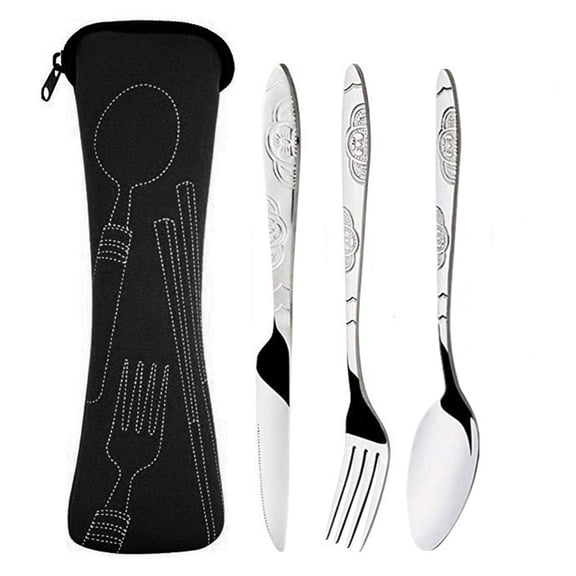 Niovtt 3pcs Stainless Steel Cutlery Set Steak Knife Fork Spoon w/Cloth Bag (Black)