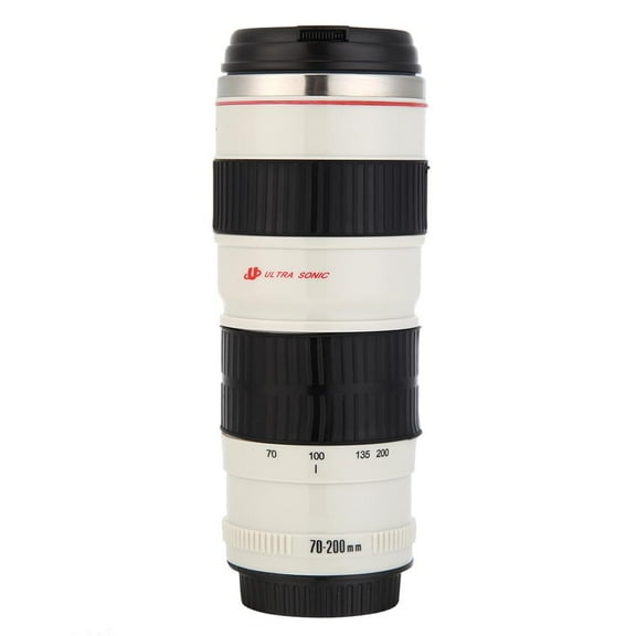 Niovtt 400mL Camera Lens Shaped Stainless Steel Water Cup Tea Mug with Lid (White)