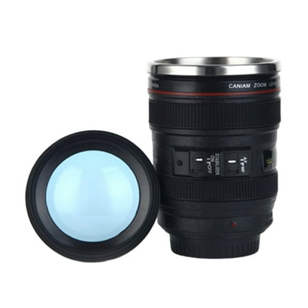 Niovtt Reusable 350 ML Camera Lens Coffee Mug Steel Insulated Travel Mug (Black)