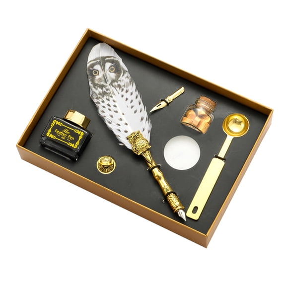 Niovtt Stationery Fountain Pen Set Calligraphy Owl Feather Quill Dip Pen (White)