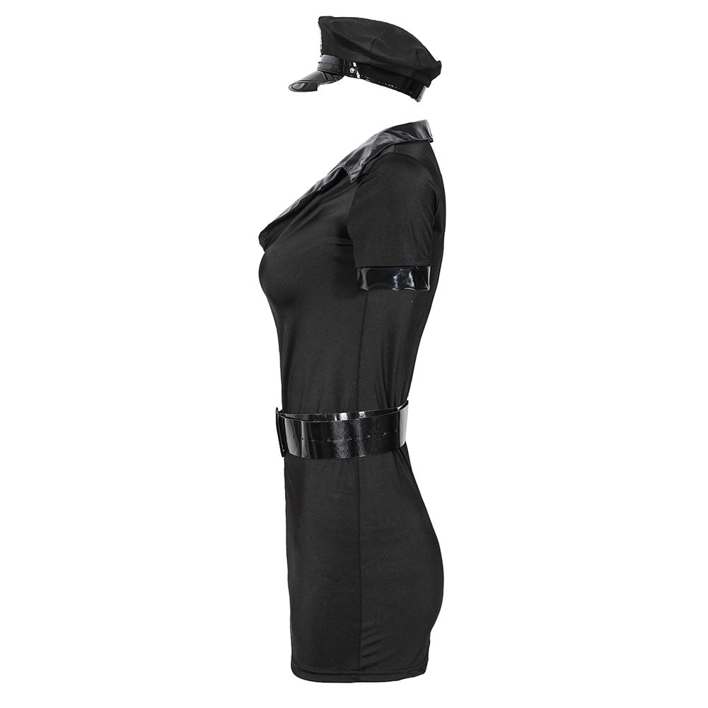 Niovtt Women Cop Cosplay Costume VNeck Cop Officer Bodysuit Fancy Dress (L Black)