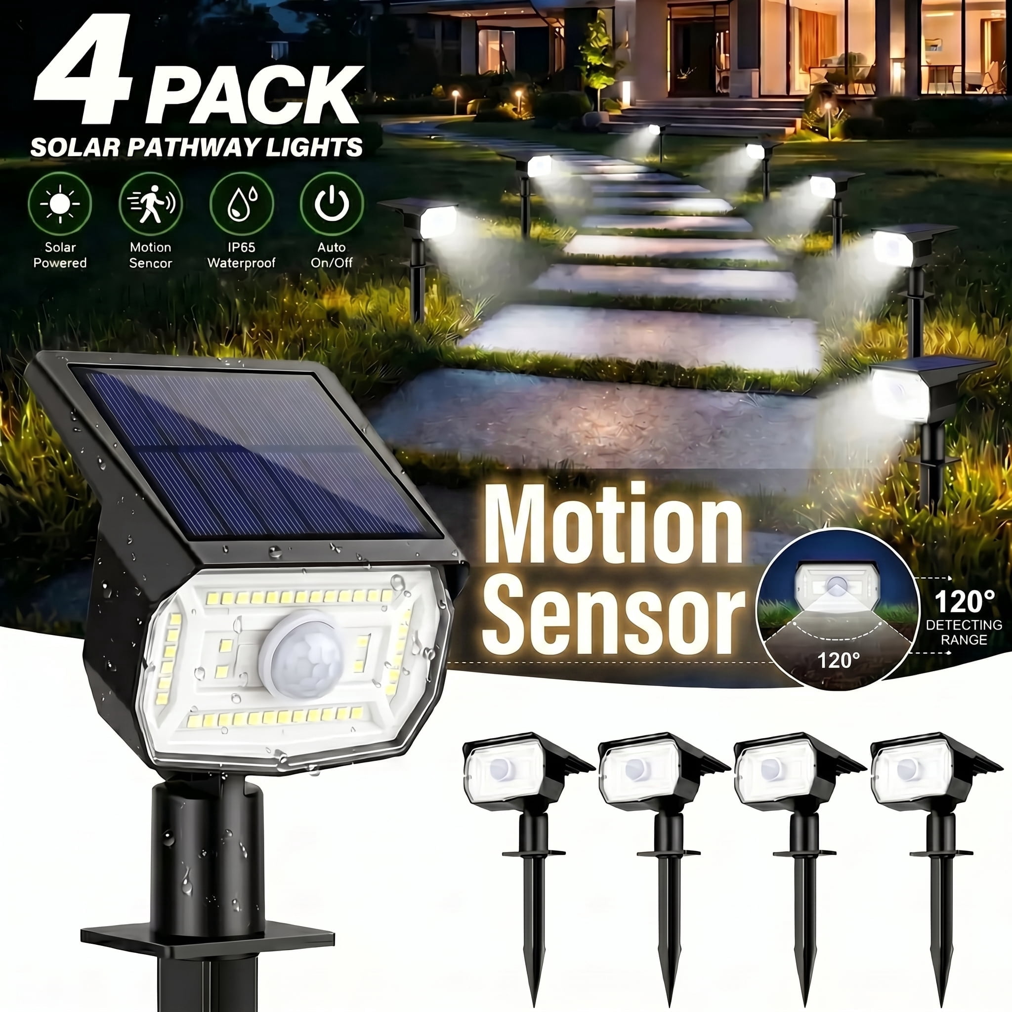 4 Pack Solar Lights Outdoor, IP65 Waterproof Motion Sensor 2-in-1 Solar Spot Lights with 3 Modes for Yard Garden Patio Driveway Walkway Wall