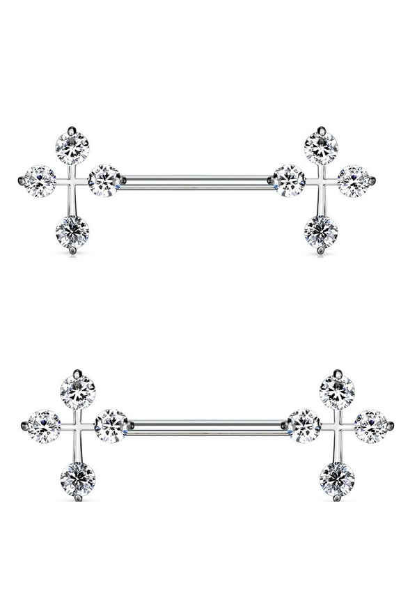 Nipple Bar Princess CZ Cross Ends Sparkle Barbell Ring Sold as pair