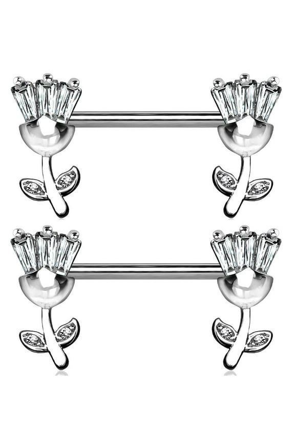 Nipple Bar Princess CZ set Tulip Ends Sparkle Barbell Ring Sold as pair