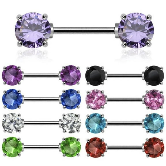 Nipple Bar Ring Body Jewelry Double Round Gem 14 Gauge 1/2" Set of 2